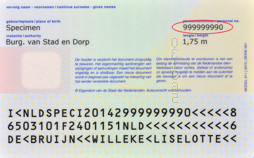 En las tarjetas de identificación emitidas después de 2014, el BSN está impreso en el reverso.