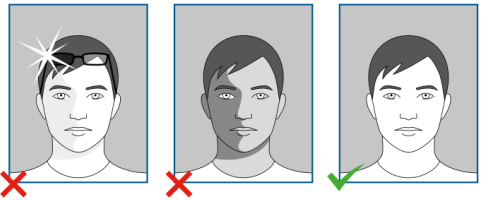 From left to right: 1. reflection (white spots), 2. shadow on face, 3. good passport photo