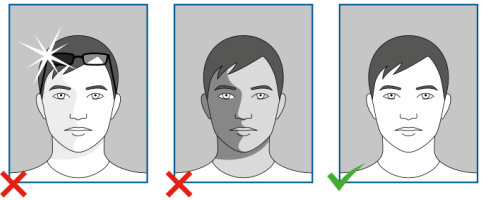 Von links nach rechts: 1. Reflexion (weiße Flecken), 2. Schatten im Gesicht, 3. vorschriftsgemäß