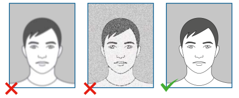 From left to right: 1. blurry image, 2. too little contrast, 3. good passport photo
