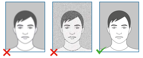 Von links nach rechts: 1. unscharfes Foto, 2. Foto mit zu wenig Kontrast, 3. vorschriftsgemäß