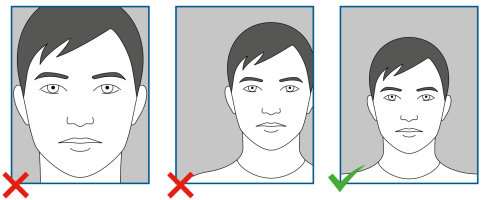 Requisitos de la posición del rostro en la fotografía. Cabeza totalmente visible. Cabeza centrada