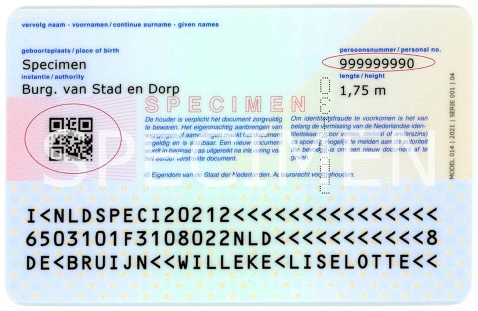 En las tarjetas de identificación emitidas después de 2014, el BSN está impreso en el reverso. ¿Tiene una tarjeta de identidad con fecha del 2 de agosto de 2021 o posterior? Entonces su número de identificación personal aparece también en un código QR en la parte posterior de su tarjeta de identidad.