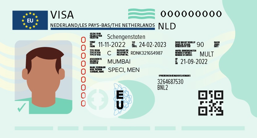 Imagen de una etiqueta de visado para los Países Bajos.