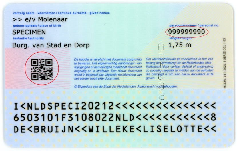 Sur les cartes d'identité émises après 2014, le BSN est imprimé au verso. Si votre carte d’identité a été délivrée après le 1er août 2021, votre BSN figure aussi dans le code QR au dos de votre carte.