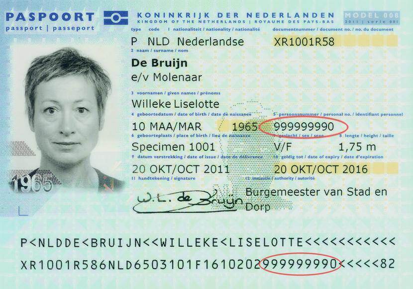 Photo d'un passeport délivré avant 2014. Au recto de la page du titulaire, votre BSN (cerclé de rouge sur l'image) est affiché en bas à gauche, à côté de votre date de naissance.