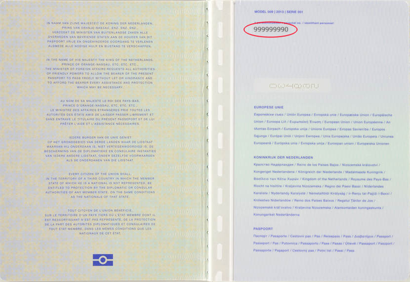 Photo d'un passeport délivré après 2014. Au verso de la page du titulaire, votre BSN (entouré en rouge sur l'image) est indiqué en haut.